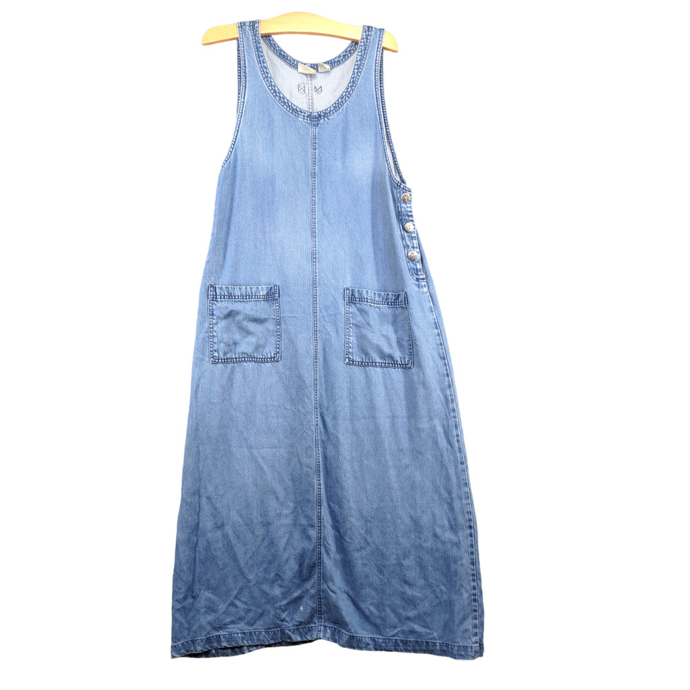 Boston Classics Women's Denim Tank Dress Blue 10 Sleeveless Pocket Side Button
